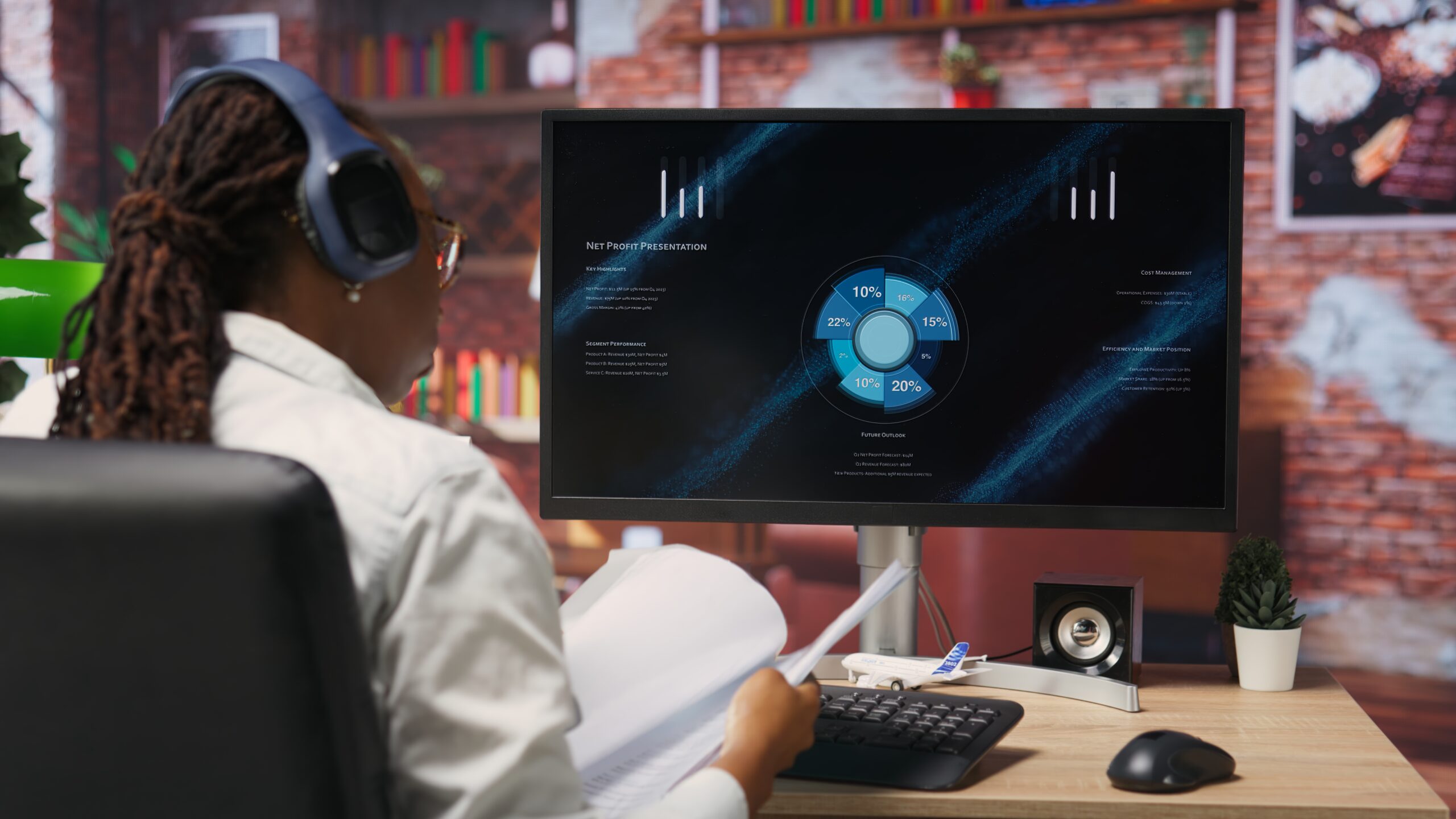 Woman listening and watching business conference on computer screen, looking over statistics on portfolio documents. Person wearing headphones looking at business presentation, camera B